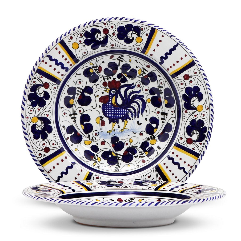 Hand-painted Orvieto Blue Rooster Italian ceramic dinner plates from Deruta, featuring intricate blue, yellow, and red designs. Ideal for elegant kitchen and dining table decor.