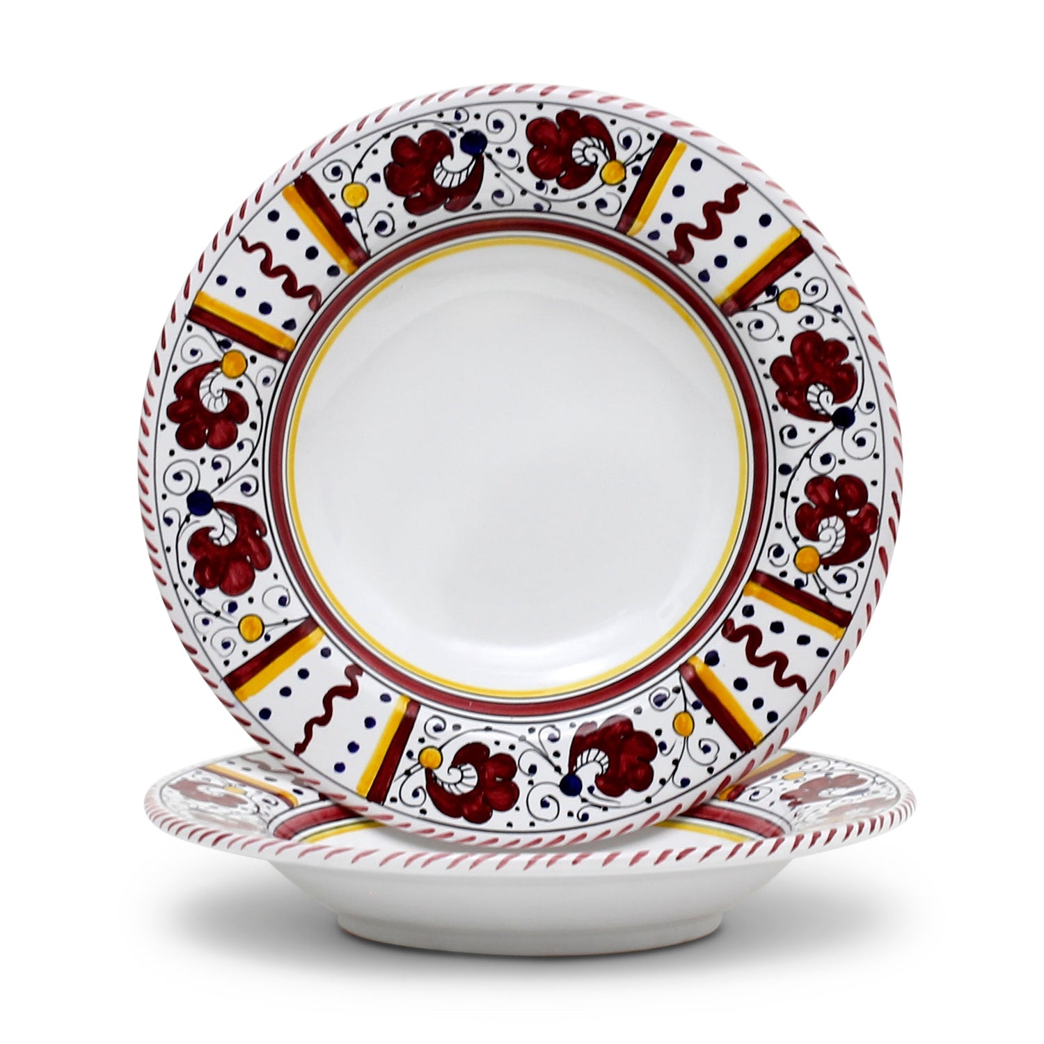 Hand-painted Orvieto Red Rooster Italian ceramic dinner plates from Deruta, featuring intricate red, yellow, and green designs. Ideal for elegant kitchen and dining table decor.