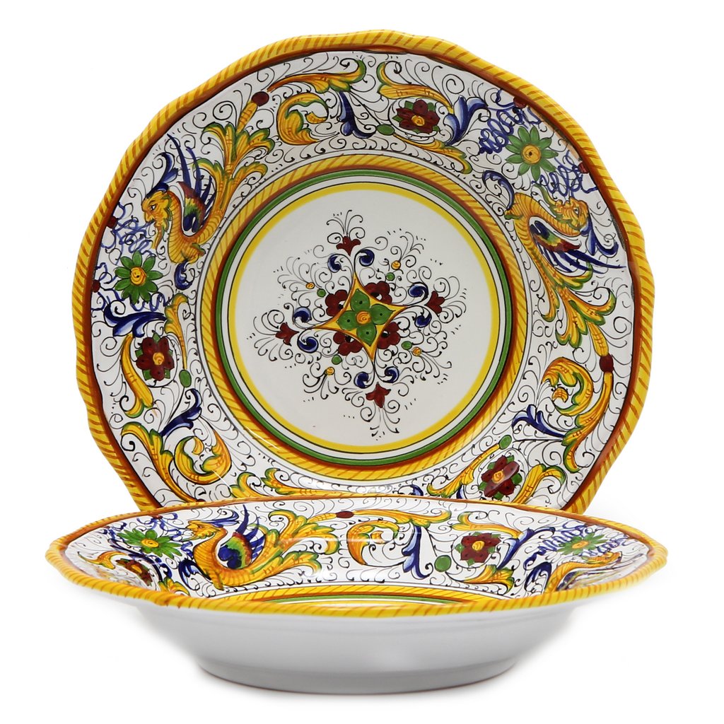 Hand-painted Raffaellesco Italian ceramic plate set from Deruta, featuring intricate designs and vibrant colors. Perfect for elegant kitchen and dining table decor.