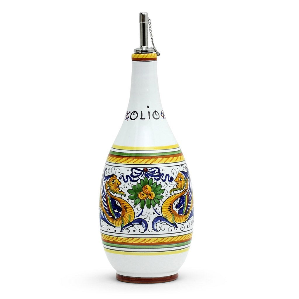 Handcrafted Italian ceramic oil bottle from the Raffaelesco collection, featuring intricate yellow and blue dragon and floral patterns.