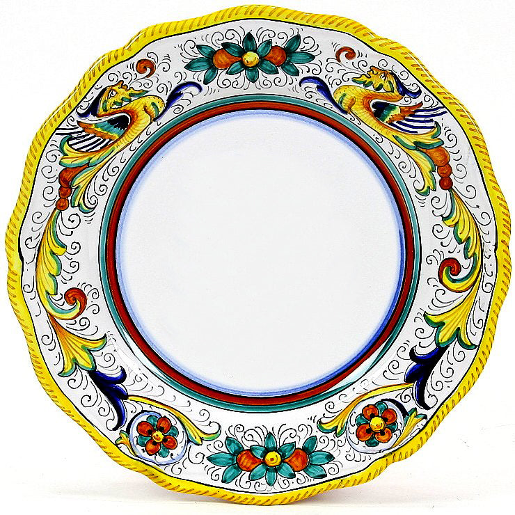 Handcrafted Italian ceramic platter from the Exclusive Collection of Deruta, featuring intricate yellow, green, and red floral patterns.