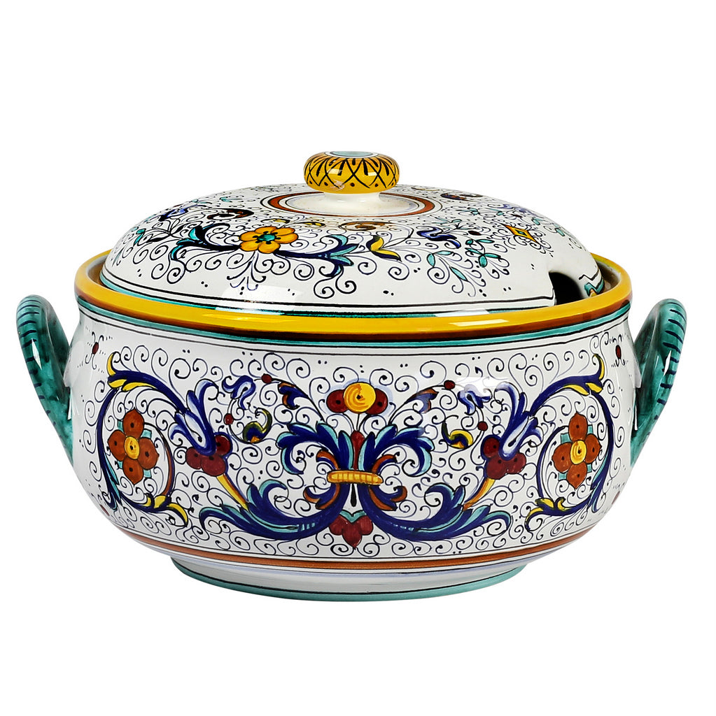 Handcrafted Italian ceramic tureen from The Best of Italian Home Decor collection, featuring intricate blue, yellow, and red floral patterns.