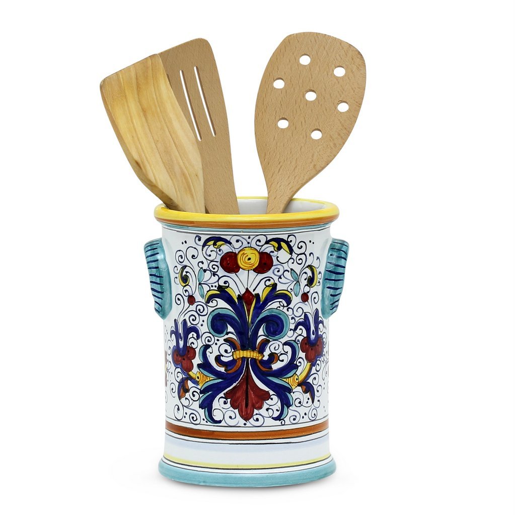 Handcrafted Italian ceramic utensil holder from the Ricco Deruta collection, featuring intricate blue, yellow, and red floral patterns, holding wooden kitchen utensils.