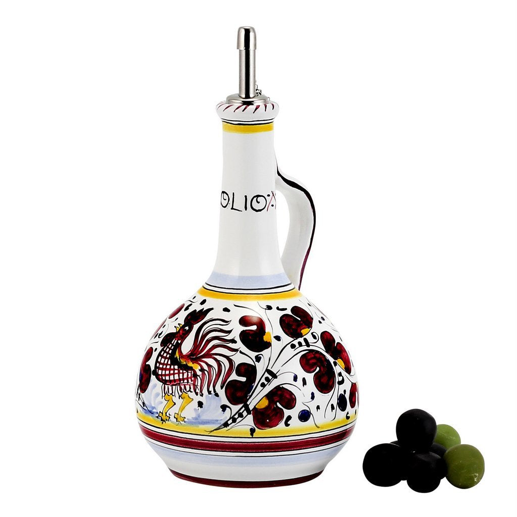 ORVIETO RED ROOSTER: Olive Oil Bottle Dispenser with Metal Capped Pourer - DERUTA OF ITALY