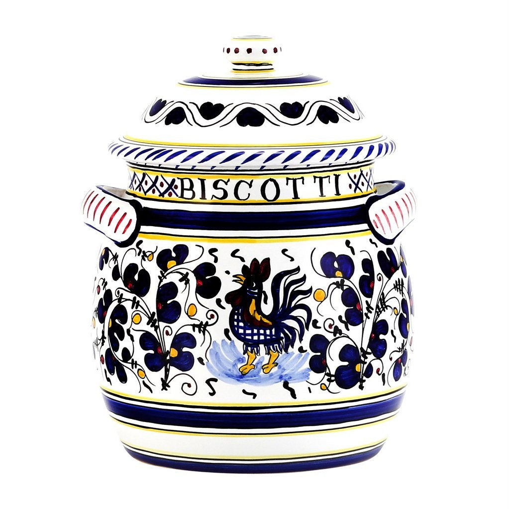 ORVIETO BLUE ROOSTER: Traditional Biscotti Jar - DERUTA OF ITALY