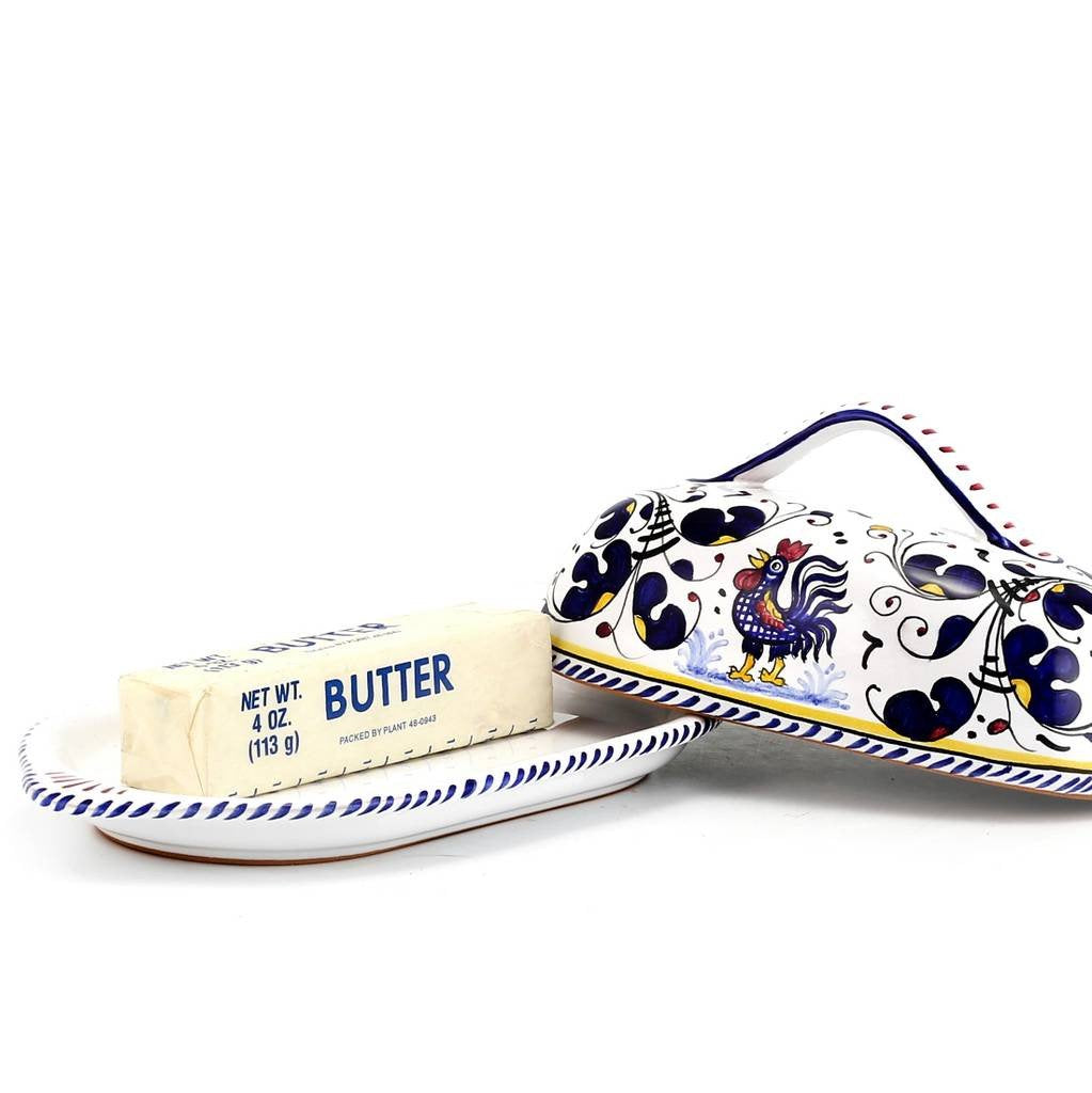 ORVIETO BLUE ROOSTER: Butter Dish with Cover - DERUTA OF ITALY