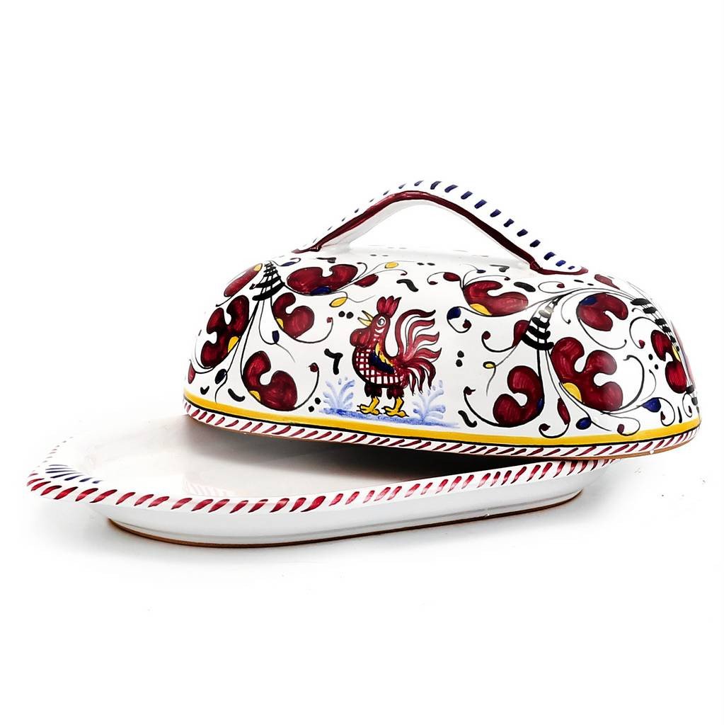 ORVIETO RED ROOSTER: Butter Dish with Cover - DERUTA OF ITALY