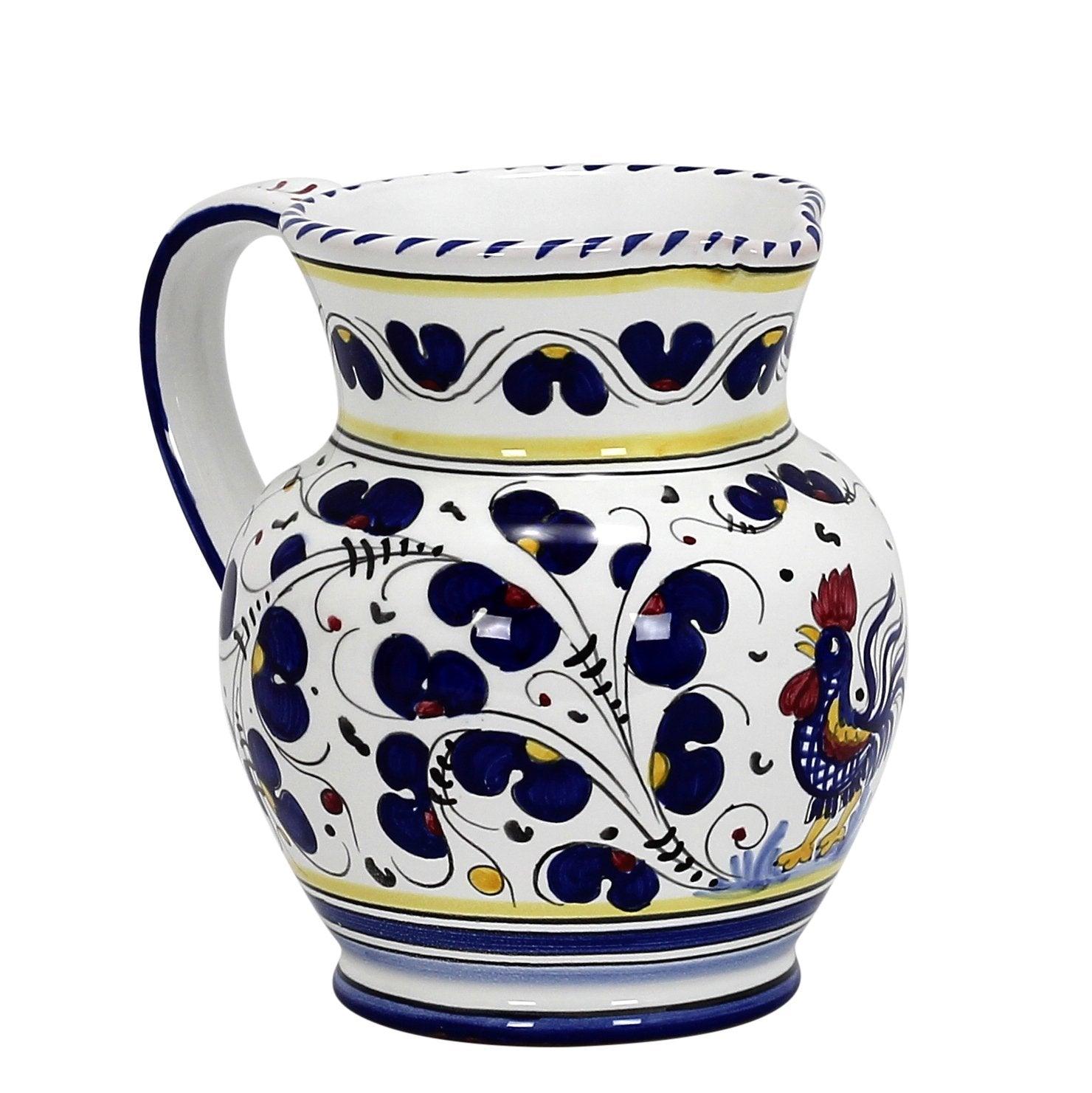 ORVIETO BLU ROOSTER: Traditional Deruta Pitcher (1.25 Liters/40 Oz/5 Cups) - DERUTA OF ITALY