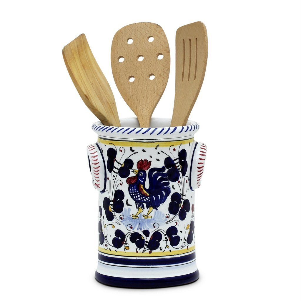 ORVIETO BLUE ROOSTER: Utensil Holder - DERUTA OF ITALY