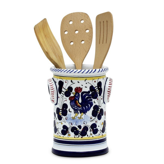 ORVIETO BLUE ROOSTER: Utensil Holder - DERUTA OF ITALY