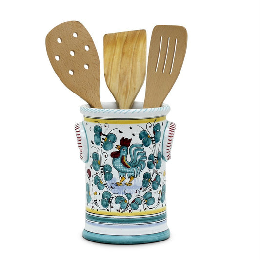 ORVIETO GREEN ROOSTER: Utensil Holder - DERUTA OF ITALY