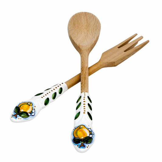 UTENSIL SET: LEMON Design - Hard Wood with Hand Painted Ceramic Handle (Pair Set) - Artistica.com