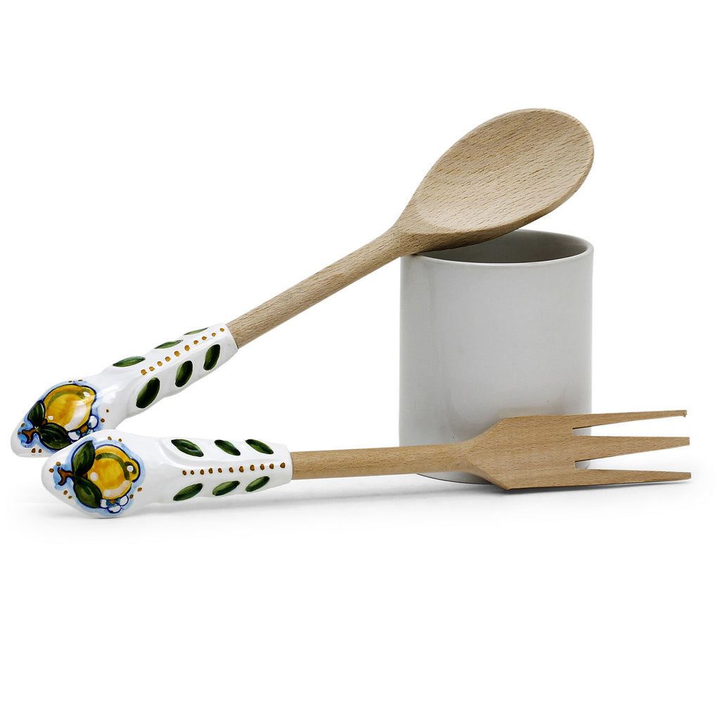 UTENSIL SET: LEMON Design - Hard Wood with Hand Painted Ceramic Handle (Pair Set) - Artistica.com