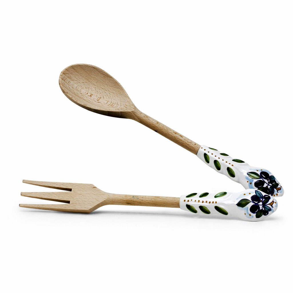 UTENSIL SET: OLIVE Design - Hard Wood with Hand Painted Ceramic Handle (Pair Set) - Artistica.com