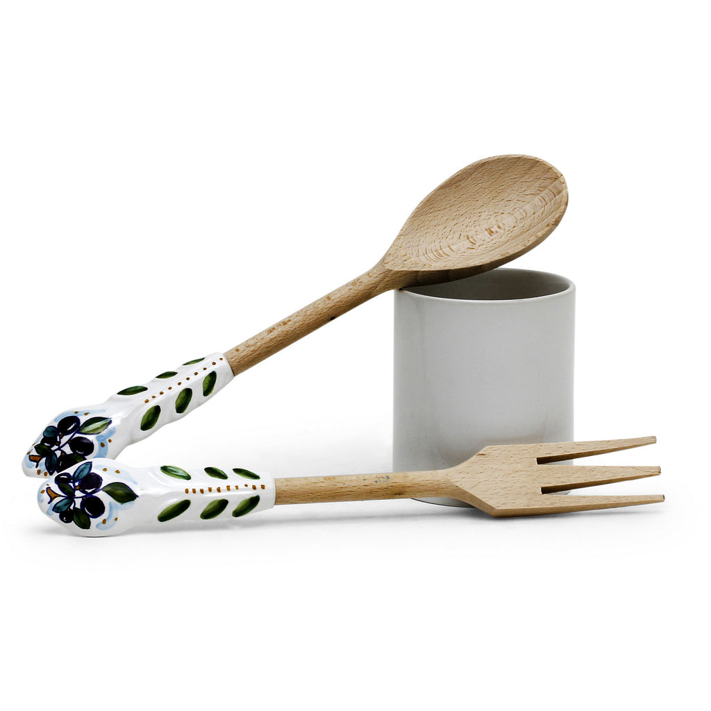 UTENSIL SET: OLIVE Design - Hard Wood with Hand Painted Ceramic Handle (Pair Set) - Artistica.com