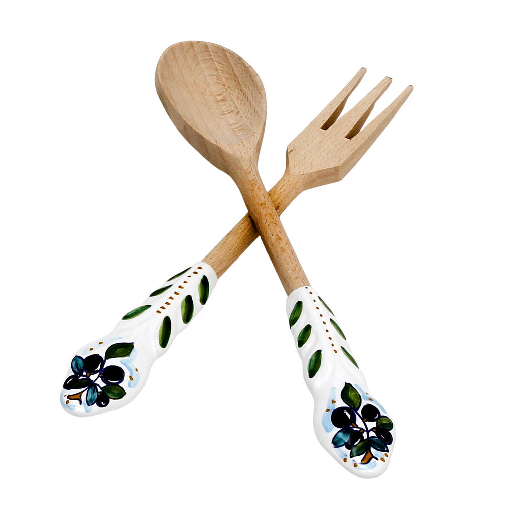 UTENSIL SET: OLIVE Design - Hard Wood with Hand Painted Ceramic Handle (Pair Set) - Artistica.com