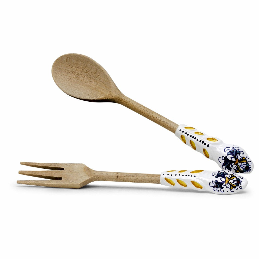 UTENSIL SET: RICCO DERUTA Design - Hard Wood with Hand Painted Ceramic Handle (Pair Set) - Artistica.com