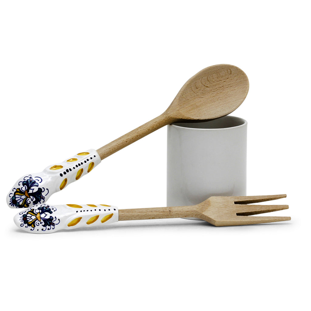 UTENSIL SET: RICCO DERUTA Design - Hard Wood with Hand Painted Ceramic Handle (Pair Set) - Artistica.com