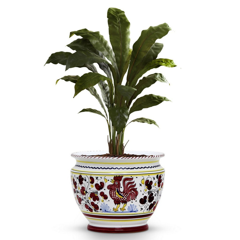 ORVIETO RED ROOSTER: Luxury Cachepot Planter Small - DERUTA OF ITALY