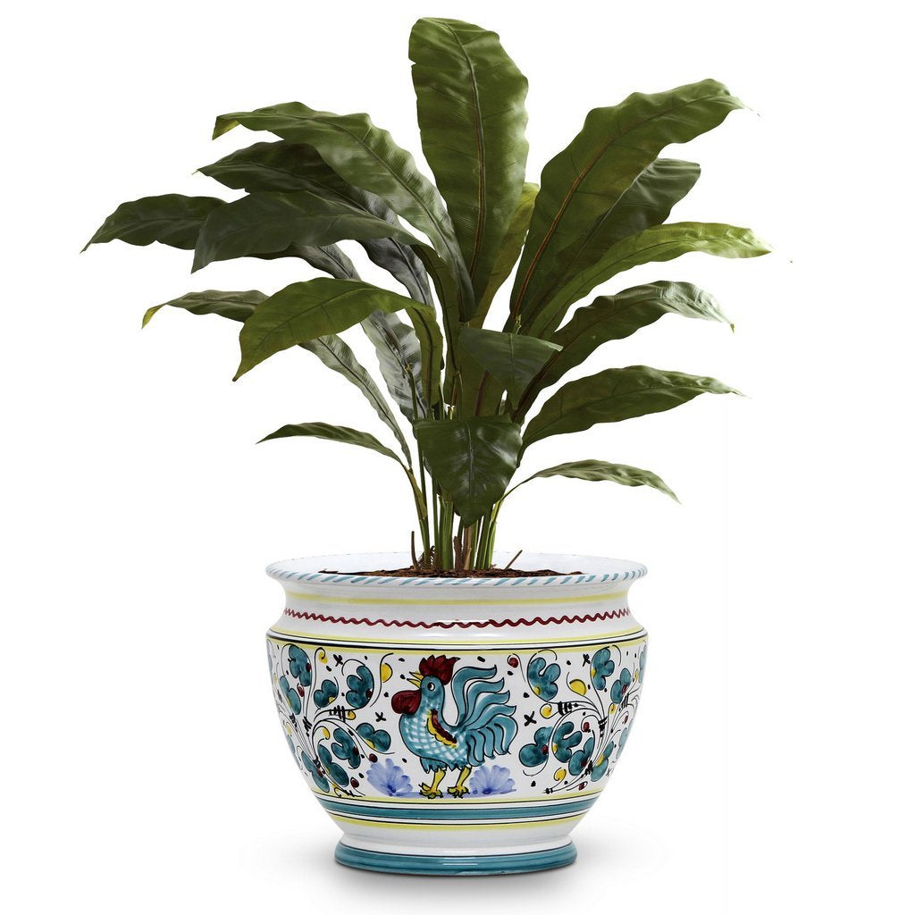 ORVIETO GREEN ROOSTER: Luxury Cachepot Planter SM - DERUTA OF ITALY