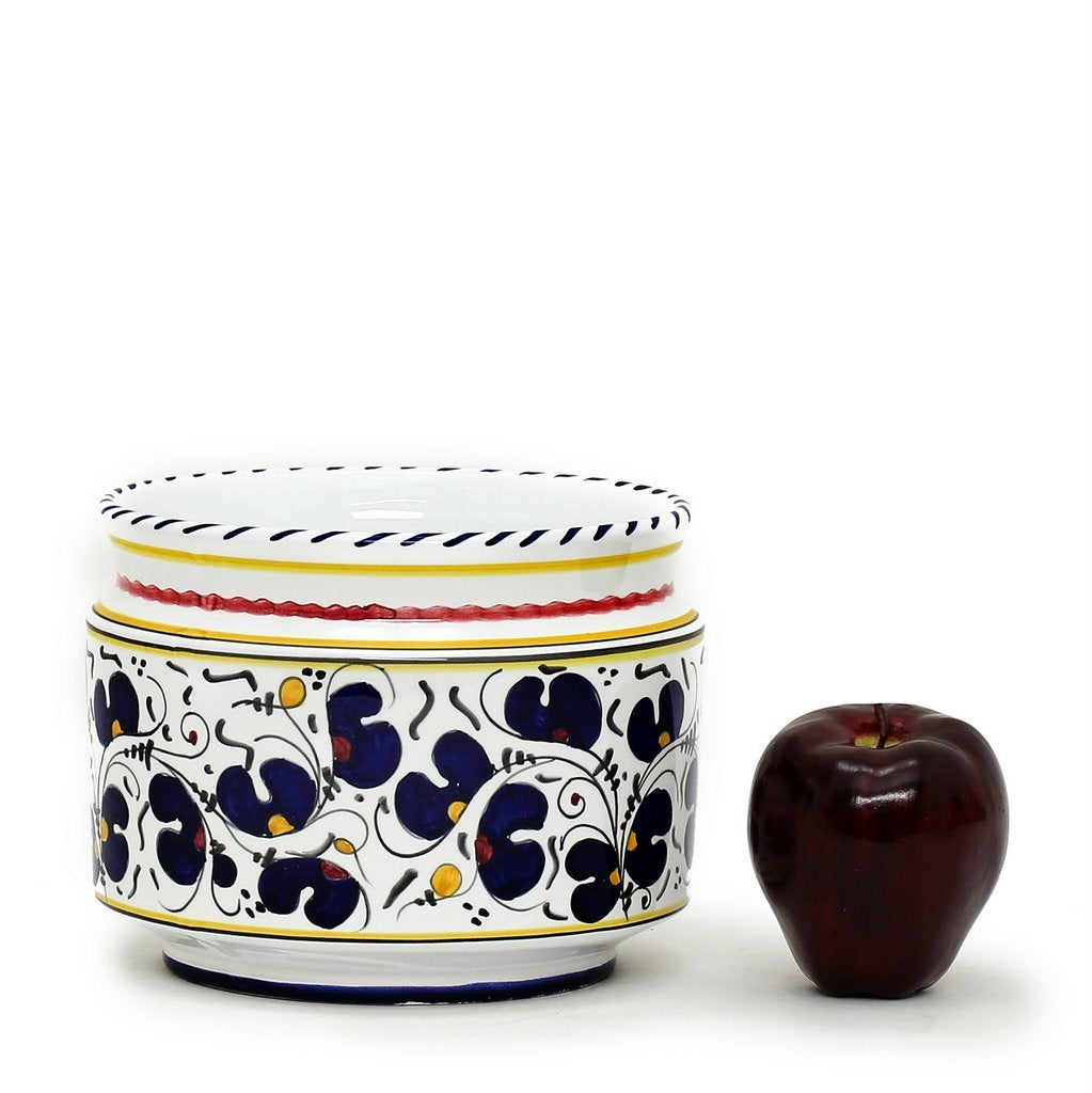 ORVIETO BLUE ROOSTER: Cylindrical Cover Pot - Cachepot Planter (Small) - DERUTA OF ITALY