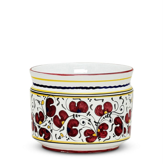 ORVIETO RED ROOSTER: Cylindrical Cover Pot - Cachepot Planter (Small) - DERUTA OF ITALY