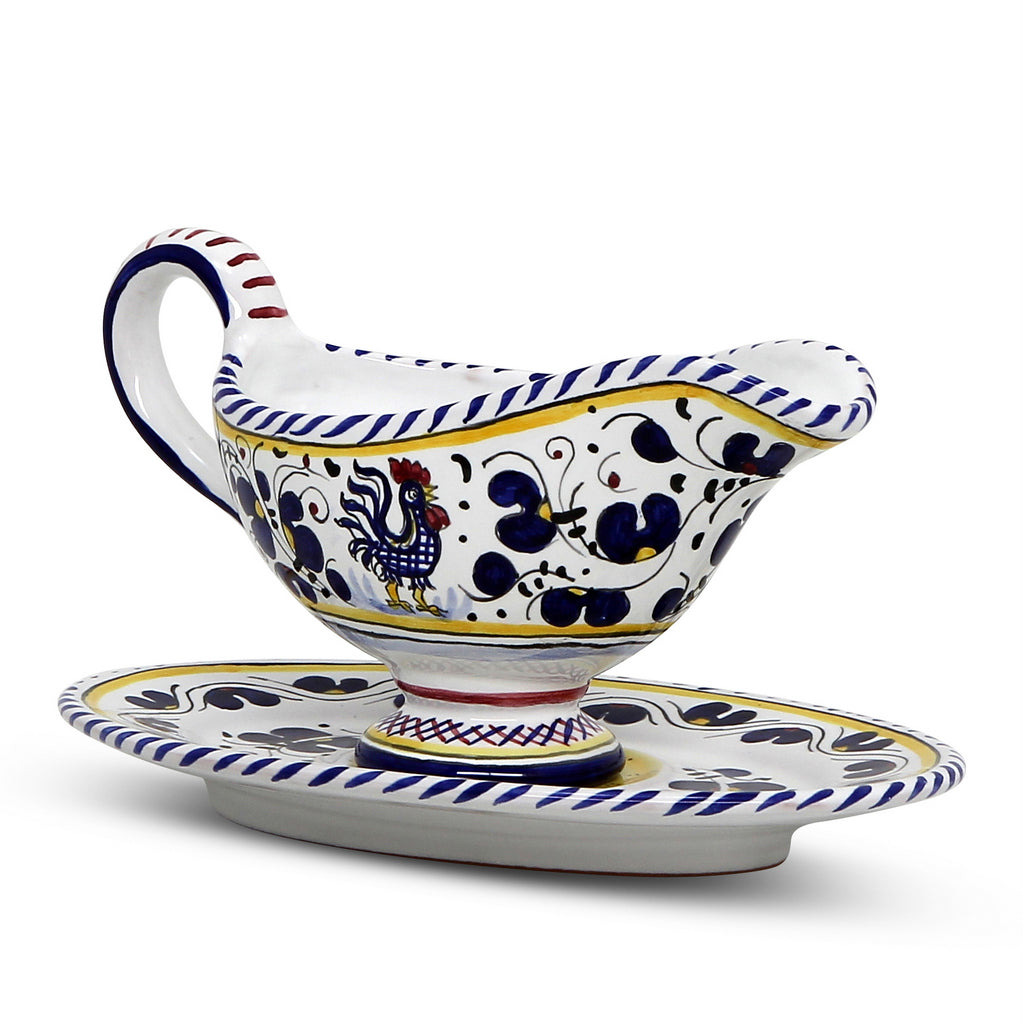 ORVIETO BLUE ROOSTER: Gravy Sauce Boat with Tray [R] - DERUTA OF ITALY