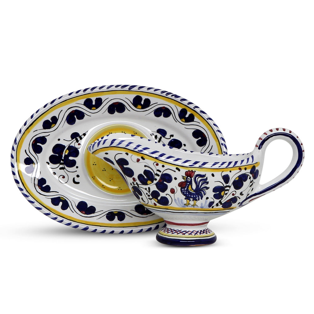 ORVIETO BLUE ROOSTER: Gravy Sauce Boat with Tray [R] - DERUTA OF ITALY