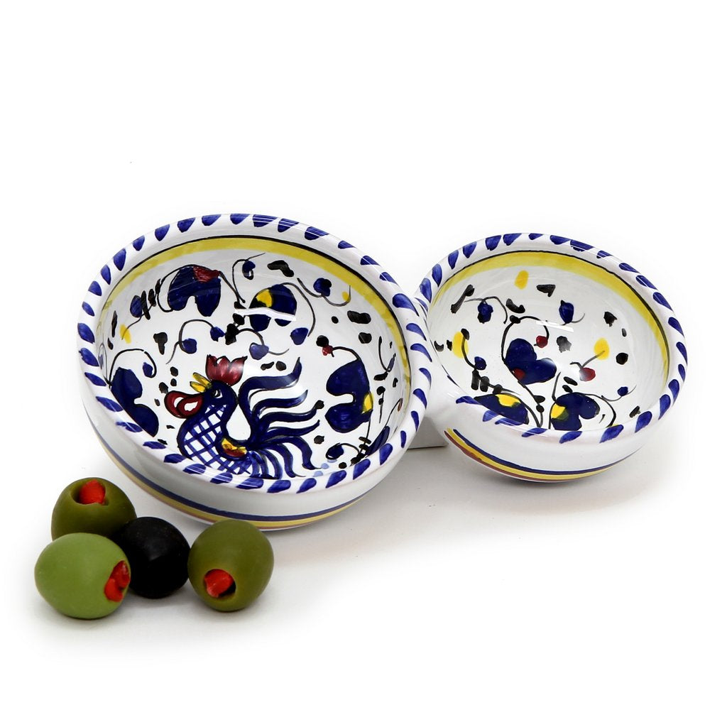 ORVIETO BLUE ROOSTER: Olive Dish Bowl - Relish and Condiments divided bowl - DERUTA OF ITALY