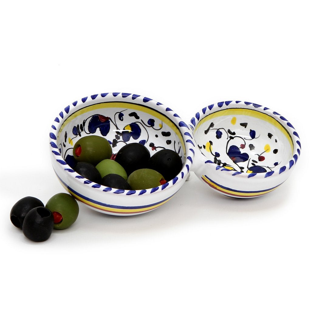 ORVIETO BLUE ROOSTER: Olive Dish Bowl - Relish and Condiments divided bowl - DERUTA OF ITALY