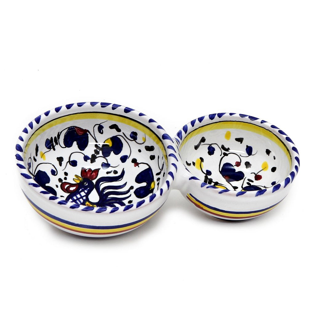 ORVIETO BLUE ROOSTER: Olive Dish Bowl - Relish and Condiments divided bowl - DERUTA OF ITALY