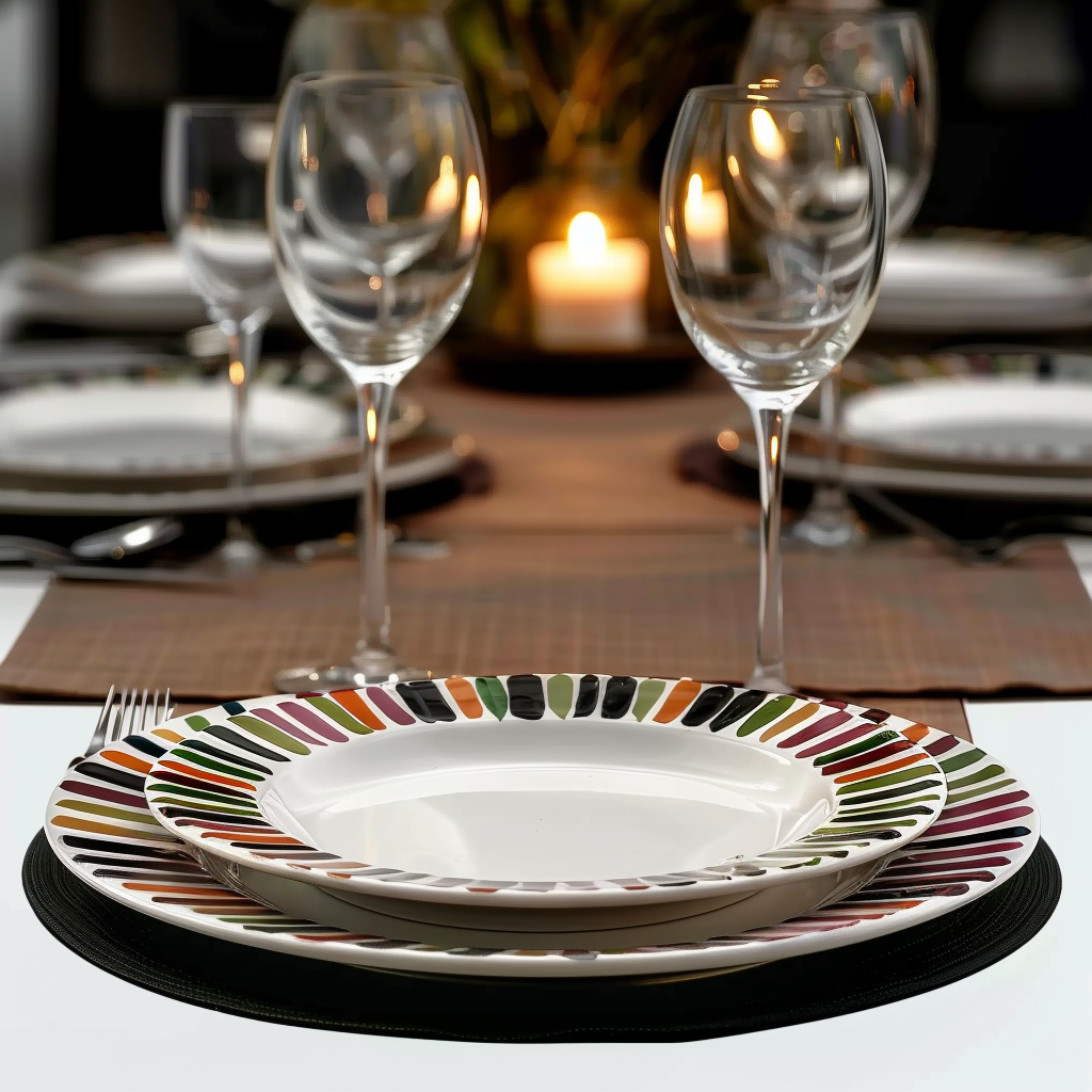 Elegant dining table setting featuring the hand-painted Circo Charger Platter by Bill Goldsmith for Deruta of Italy, with vibrant brush strokes in black, green, purple, brown, and red.