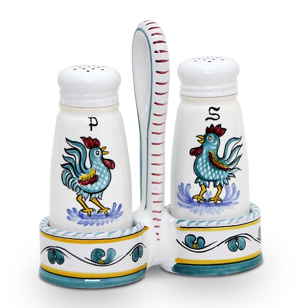 ORVIETO GREEN ROOSTER: Salt and Pepper Cruet - DERUTA OF ITALY