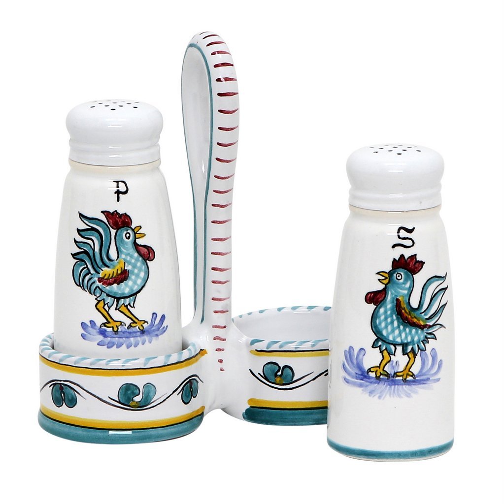 ORVIETO GREEN ROOSTER: Salt and Pepper Cruet - DERUTA OF ITALY