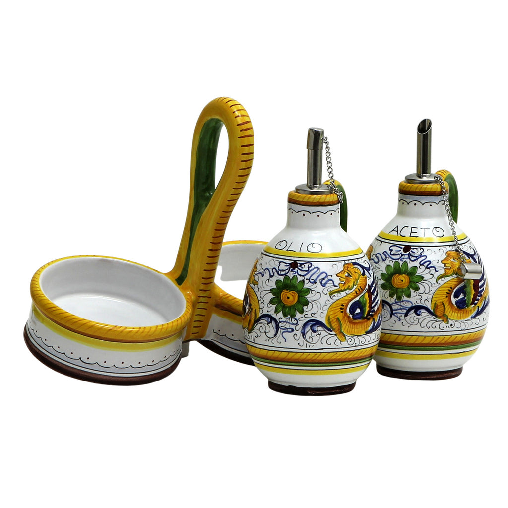 RAFFAELLESCO: Oil and Vinegar cruets set with caddy - DERUTA OF ITALY