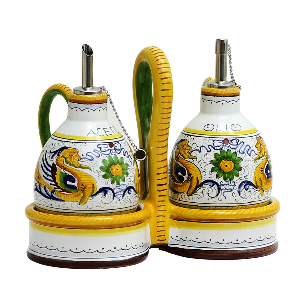 RAFFAELLESCO: Oil and Vinegar cruets set with caddy - DERUTA OF ITALY