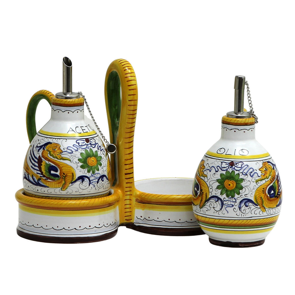 RAFFAELLESCO: Oil and Vinegar cruets set with caddy - DERUTA OF ITALY