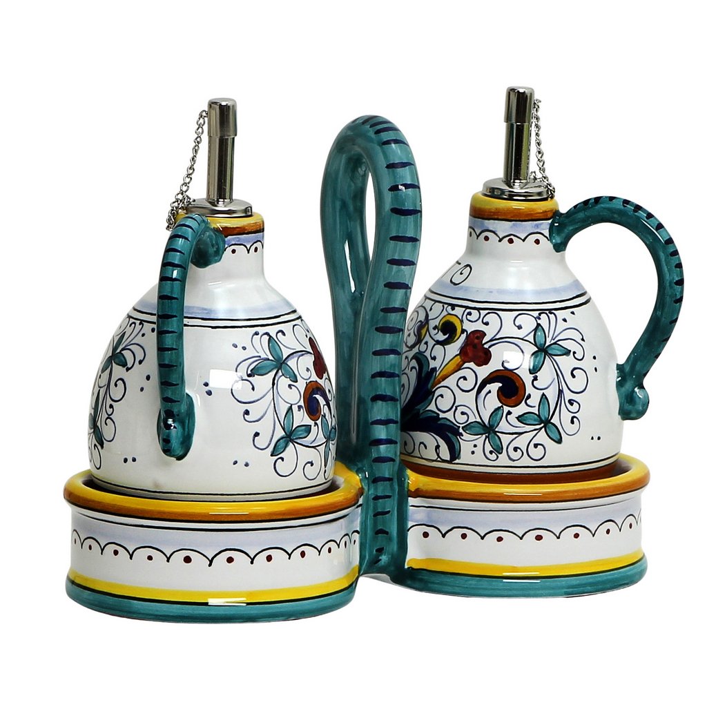 RICCO DERUTA DELUXE: Oil and Vinegar cruets set with caddy (NEW) - DERUTA OF ITALY