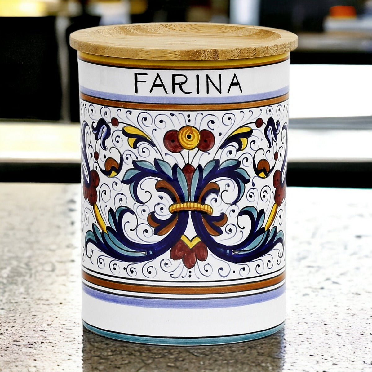 Ricco Deruta Deluxe Flour Canister - Bamboo Lid - Italian Elegance