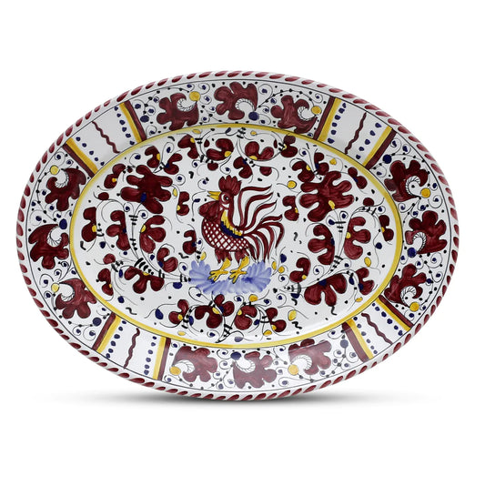 ORVIETO RED ROOSTER: Large Oval Platter [STRIPED RIM] - Artistica.com