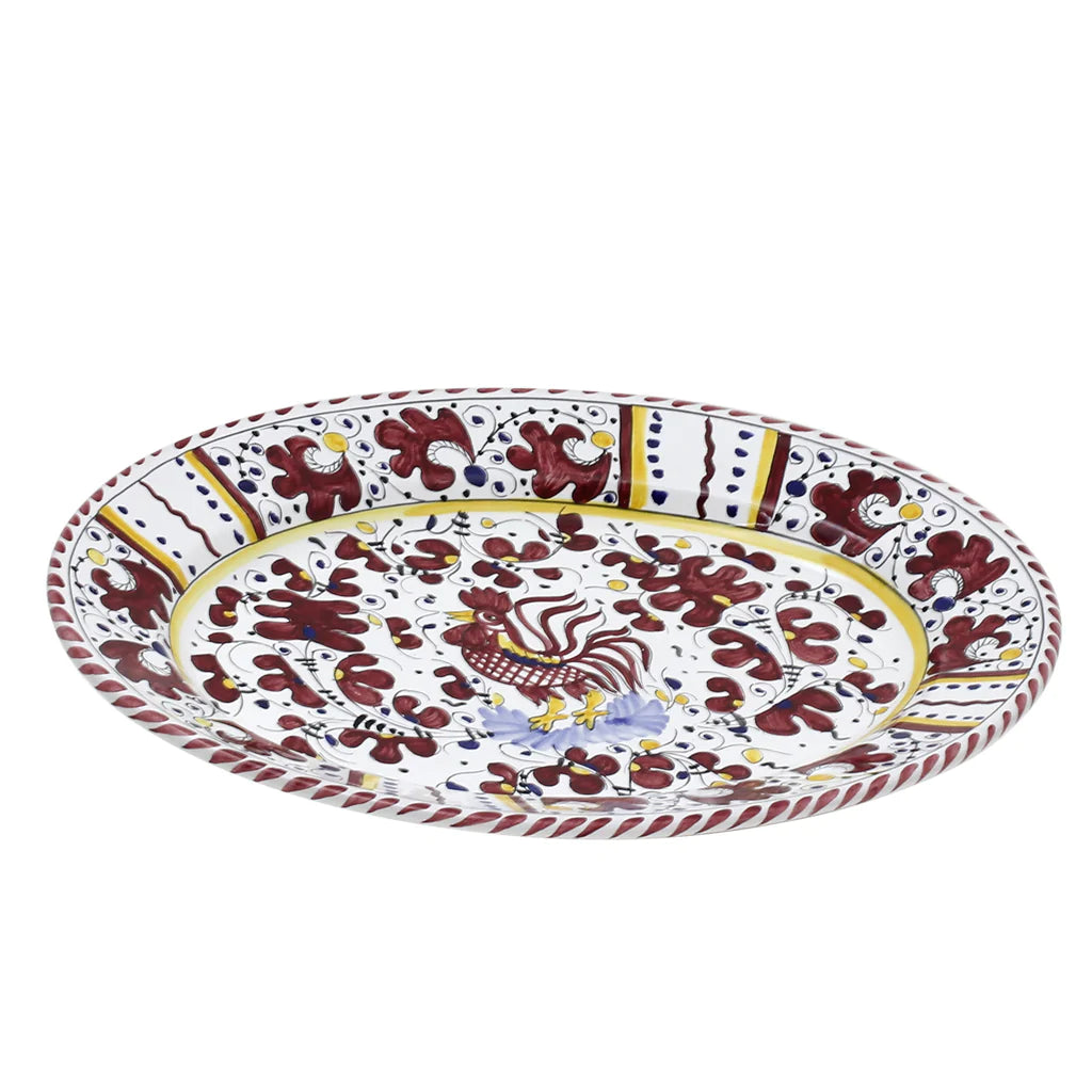 ORVIETO RED ROOSTER: Large Oval Platter [STRIPED RIM] - Artistica.com