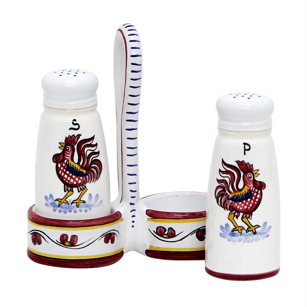 ORVIETO RED ROOSTER: Salt and Pepper Cruet - DERUTA OF ITALY