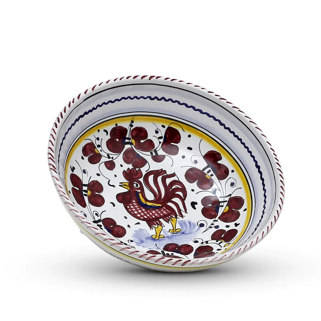 ORVIETO RED ROOSTER: Coupe Pasta/Soup Bowl [STRIPED RIM] - Artistica.com