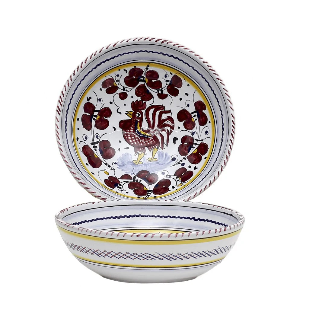 ORVIETO RED ROOSTER: Coupe Pasta/Soup Bowl [STRIPED RIM] - Artistica.com