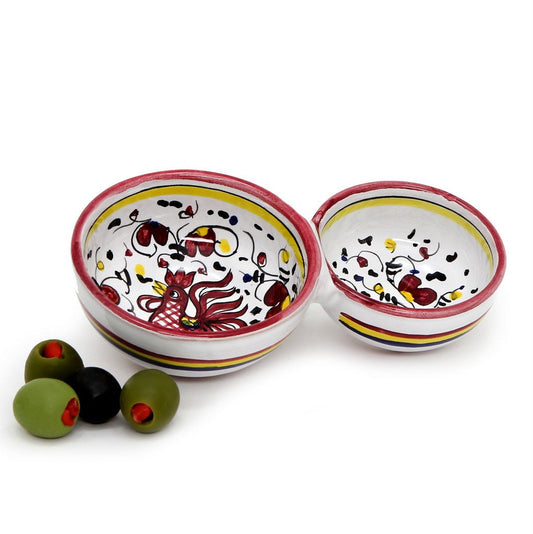 ORVIETO RED ROOSTER: Olive Dish Bowl - Relish and Condiments divided bowl - DERUTA OF ITALY