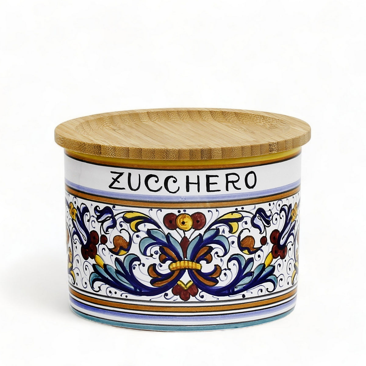 Preserve the freshness of your sugar with the Ricco Deruta Deluxe Sugar Canister. Handmade in Italy, this canister features a traditional Deruta design and a bamboo sealing lid, adding a touch of Italian elegance to your kitchen.