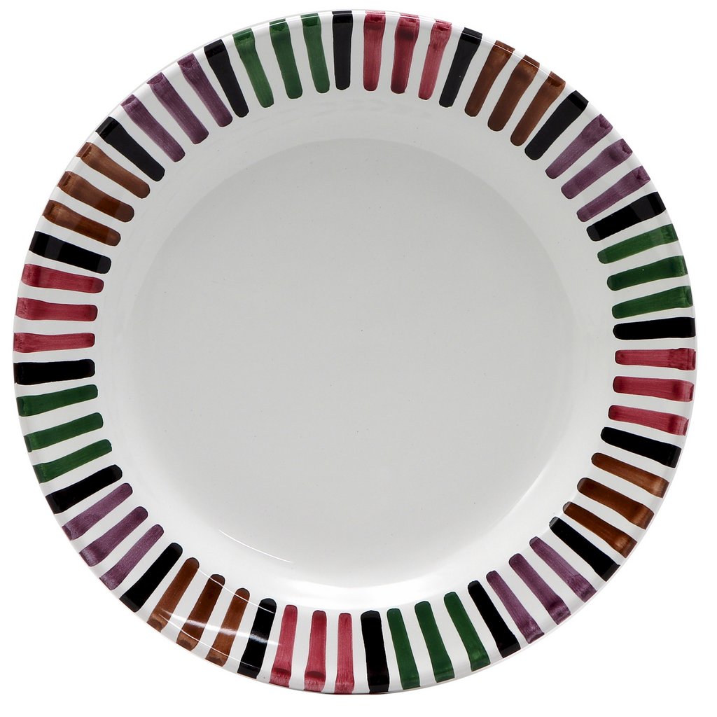 Hand-painted BELLO Charger Platter by Bill Goldsmith for Deruta of Italy, featuring vibrant brush strokes in black, green, purple, brown, and red