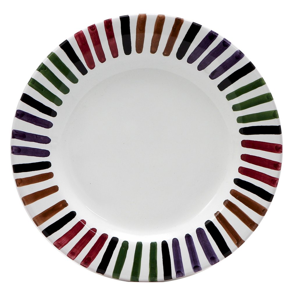 Hand-painted Circo Charger Platter by Bill Goldsmith, featuring colorful brush strokes in black, green, purple, brown, and red on the rim, crafted in Deruta, Italy.